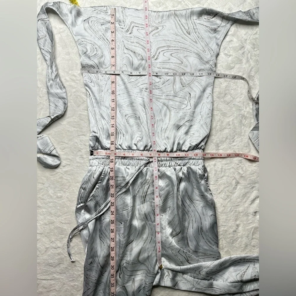 Caramela Marble Print Satin Halter Top Jumpsuit in White and Gray Womens Small